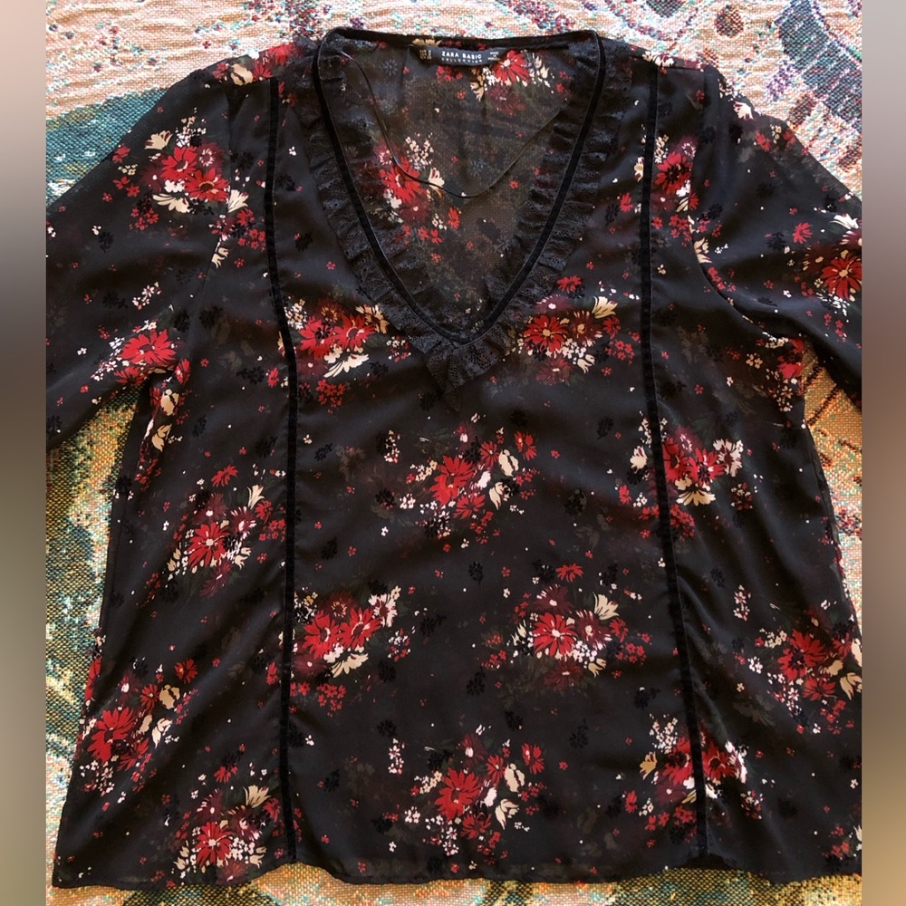 Zara Basic Sheer Dark Floral Velvet Accent V Neck Blouse w/ Ruffle Sleeve - Picture 3 of 14